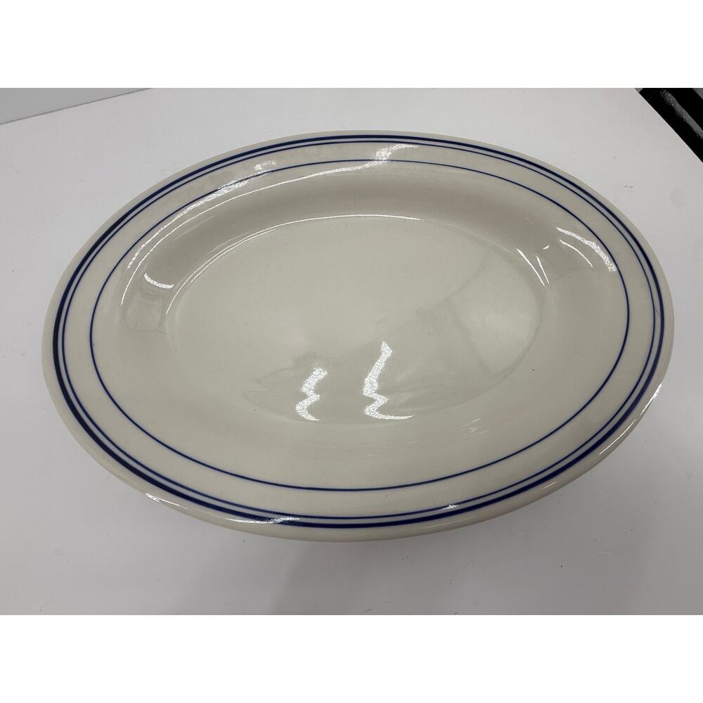 Lynns Stoneware Blue Stripe Oval Serving Platter Farmhouse Kitchen 13 Inch